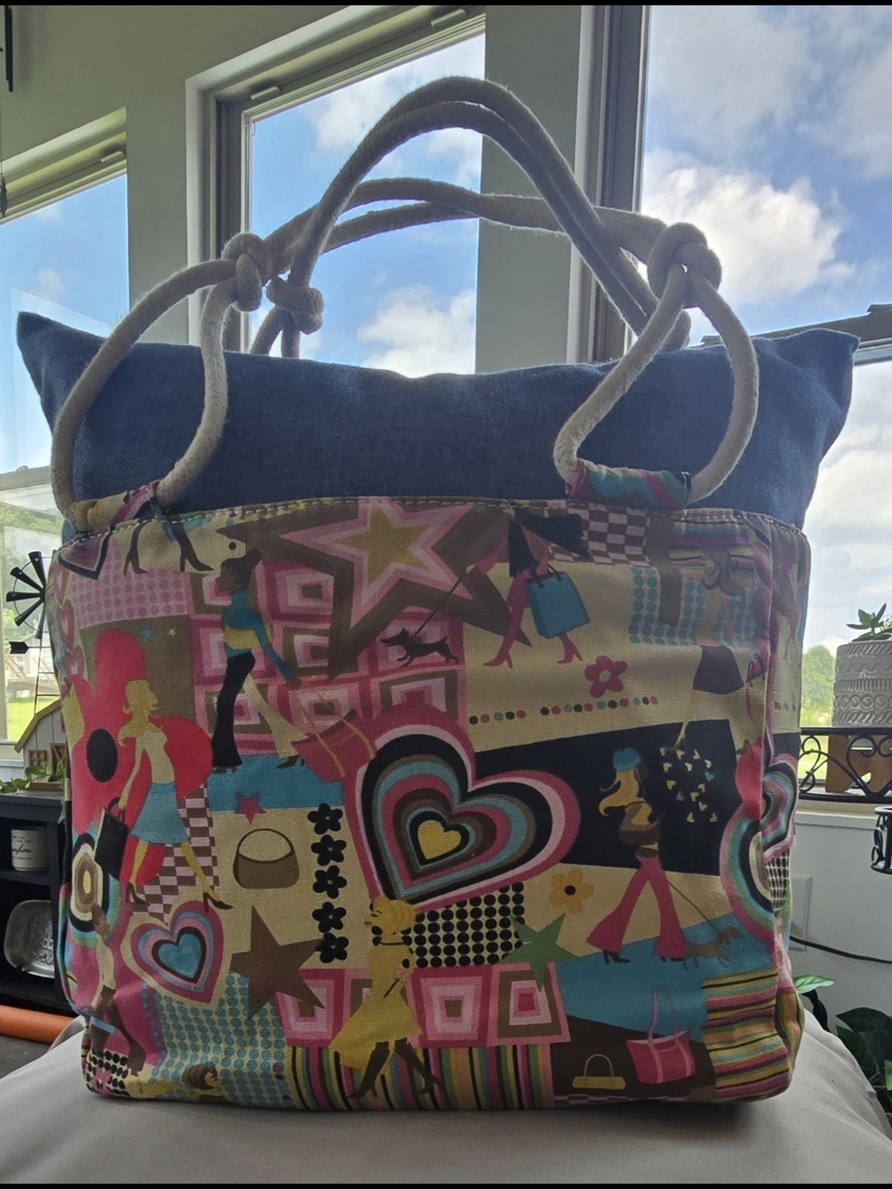 Colorful Print Canvas Tote Bag with Rope Handles